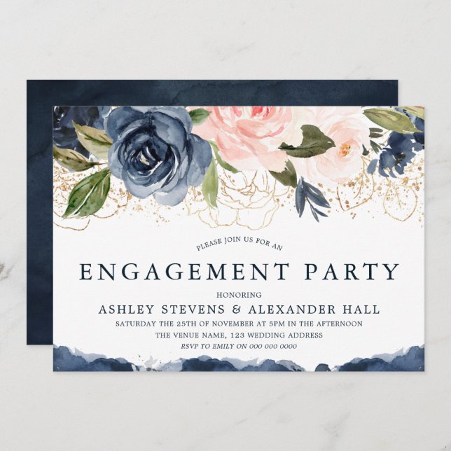 Elegant Navy Floral Gold Blush Engagement Party Invitation (Front/Back)