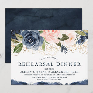 Elegant Navy Floral Gold Blush Rehearsal Dinner Invitation