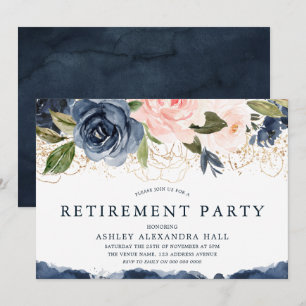 Elegant Navy Floral Gold Blush Retirement Party Invitation