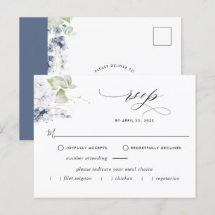 Elegant Navy Floral RSVP Postcard w/without Meals