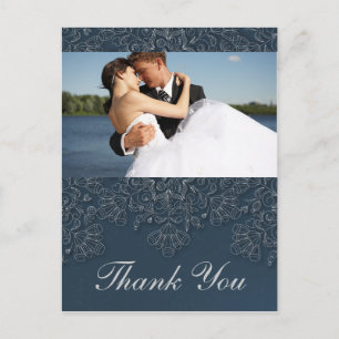 Elegant navy floral swirls wedding photo thank you postcard