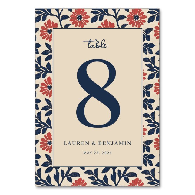 Elegant Navy Floral Table Number (Front)