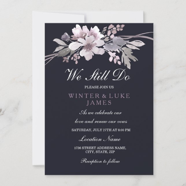 Elegant Navy Floral Vow Renewal Anniversary Invite (Front)
