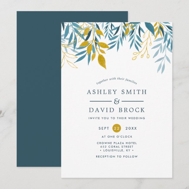 Elegant Navy Floral Watercolor Wedding Invitation (Front/Back)