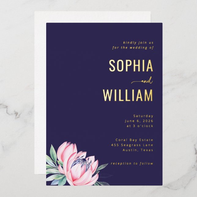 Elegant Navy Floral Wedding Invitation (Front/Back)