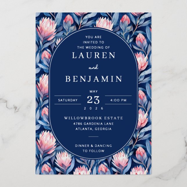 Elegant Navy Floral Wedding Invitation (Front)