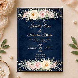 Elegant Navy Floral Wedding Invitation