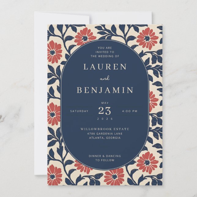 Elegant Navy Floral Wedding Invitation (Front)