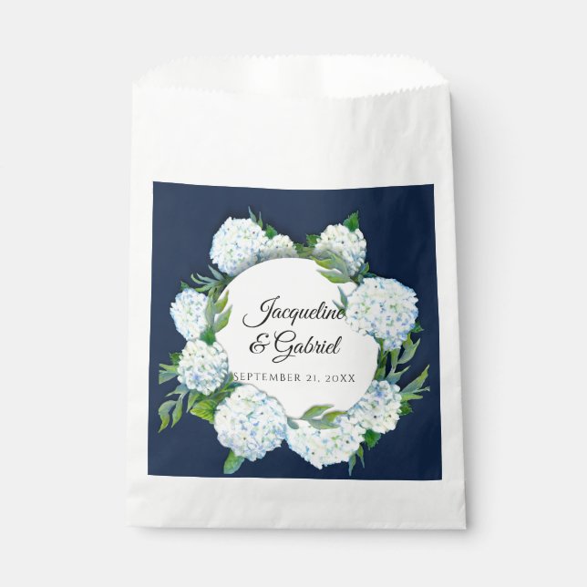 Elegant Navy Floral White Hydrangea Rustic Wedding Favour Bag (Front)