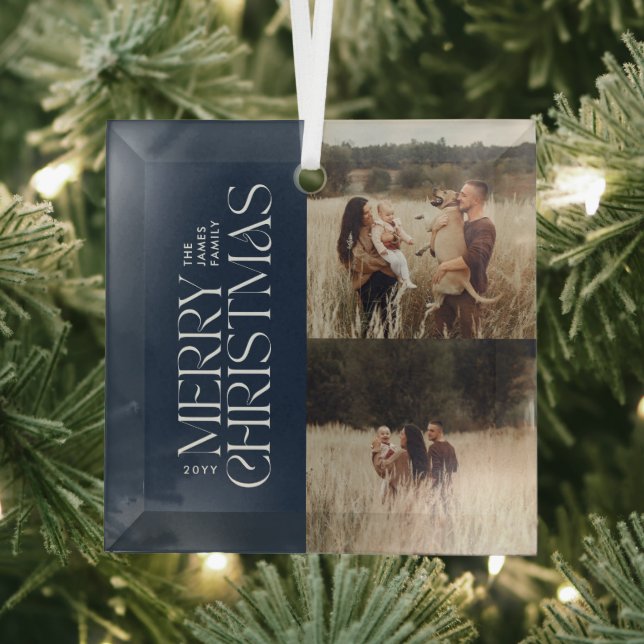 Elegant navy foliage modern minimal multi photo glass ornament (Insitu)