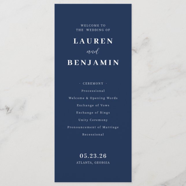 Elegant Navy Formal Wedding Ceremony Program (Front)
