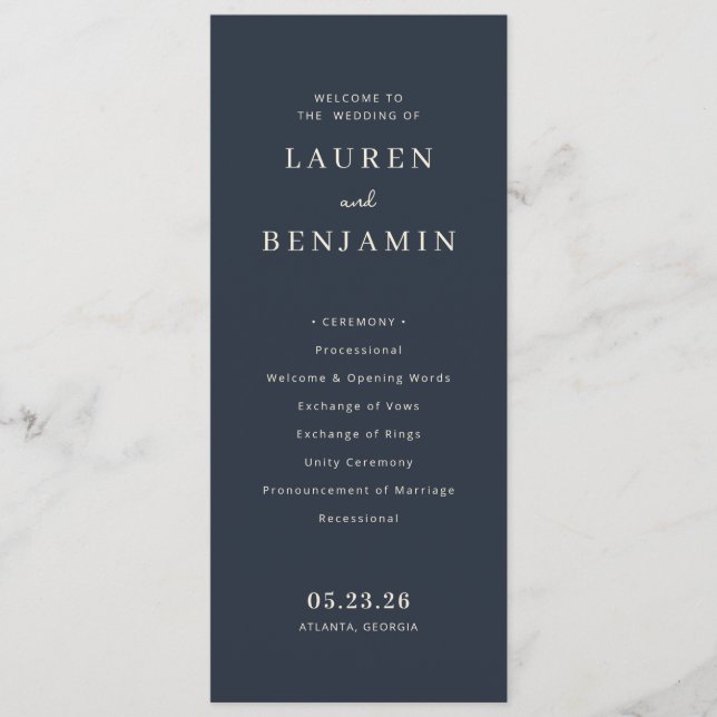 Elegant Navy Formal Wedding Ceremony Program (Front)
