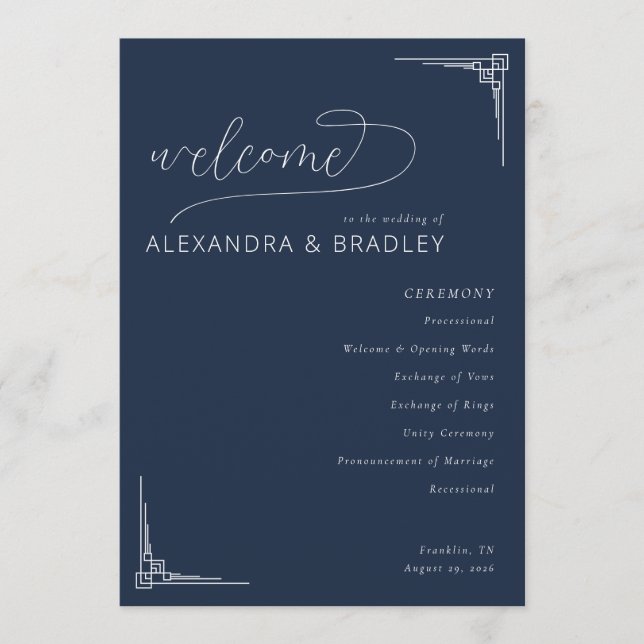 Elegant Navy Geometric Wedding Ceremony Schedule Program (Front)