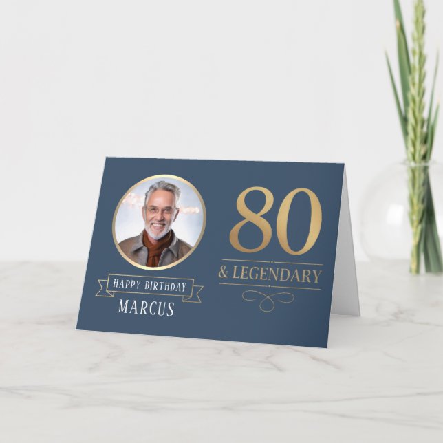 Elegant Navy & Gold 80th & Legendary Birthday Card (Front)