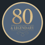 Elegant Navy & Gold 80th & Legendary Birthday Classic Round Sticker<br><div class="desc">Elegant Navy & Gold 80th & Legendary Birthday Stickers. Celebrate a truly legendary milestone with these elegant 80th birthday stickers. Featuring a sophisticated navy background, this design is perfect for honouring a loved one on their special day. The timeless layout and faux metallic finish give it a premium look while...</div>