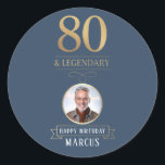 Elegant Navy & Gold 80th & Legendary Birthday Classic Round Sticker<br><div class="desc">Elegant Navy & Gold 80th & Legendary Birthday Sticker. Celebrate a truly legendary milestone with these elegant 80th birthday stickers. Featuring a sophisticated navy background, bold gold-effect text, and a customizable photo and name, this design is perfect for honouring a loved one on their special day. The timeless layout and...</div>