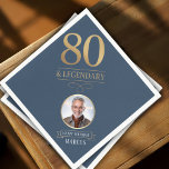 Elegant Navy & Gold 80th & Legendary Birthday Napkin<br><div class="desc">Elegant Navy & Gold 80th & Legendary Birthday Napkins. Celebrate a truly legendary milestone with these elegant 80th birthday party napkins. Featuring a sophisticated navy background, bold gold-effect text, and a customizable photo and name, this design is perfect for honouring a loved one on their special day. The timeless layout...</div>