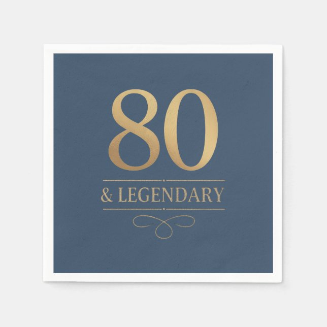 Elegant Navy & Gold 80th & Legendary Birthday Napkin (Front)