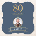 Elegant Navy & Gold 80th & Legendary Birthday Paper Coaster<br><div class="desc">Elegant Navy & Gold 80th & Legendary Birthday Paper Coaster. Celebrate a truly legendary milestone with these elegant 80th birthday coaster. Featuring a sophisticated navy background, bold gold-effect text, and a customizable photo and name, this design is perfect for honouring a loved one on their special day. The timeless layout...</div>
