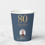 Elegant Navy & Gold 80th & Legendary Birthday Paper Cups<br><div class="desc">Elegant Navy & Gold 80th & Legendary Birthday Paper Cups. Celebrate a truly legendary milestone with these elegant 80th birthday party cups. Featuring a sophisticated navy background, bold gold-effect text, and a customizable photo and name, this design is perfect for honouring a loved one on their special day. The timeless...</div>