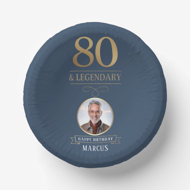 Elegant Navy & Gold 80th & Legendary Birthday Paper Plate (Front)