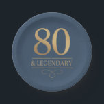 Elegant Navy & Gold 80th & Legendary Birthday Paper Plate<br><div class="desc">Elegant Navy & Gold 80th & Legendary Birthday Paper Plates. Celebrate a truly legendary milestone with these elegant 80th birthday party paper plates. Featuring a sophisticated navy background, this design is perfect for honouring a loved one on their special day. The timeless layout and faux metallic finish give it a...</div>