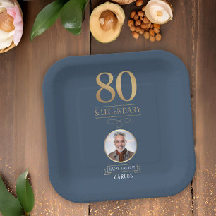 Elegant Navy & Gold 80th & Legendary Birthday Paper Plate