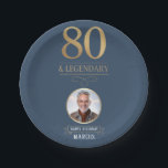 Elegant Navy & Gold 80th & Legendary Birthday Paper Plate<br><div class="desc">Elegant Navy & Gold 80th & Legendary Birthday Paper Plates. Celebrate a truly legendary milestone with these elegant 80th birthday party paper plates. Featuring a sophisticated navy background, bold gold-effect text, and a customizable photo and name, this design is perfect for honouring a loved one on their special day. The...</div>
