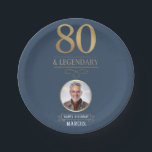 Elegant Navy & Gold 80th & Legendary Birthday Paper Plate<br><div class="desc">Elegant Navy & Gold 80th & Legendary Birthday Paper Plates. Celebrate a truly legendary milestone with these elegant 80th birthday party paper plates. Featuring a sophisticated navy background, bold gold-effect text, and a customizable photo and name, this design is perfect for honouring a loved one on their special day. The...</div>