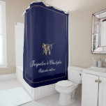 Elegant Navy, Gold and White Monogram Wedding<br><div class="desc">Personalized Elegant Navy, Gold and White Monogram Wedding Shower Curtain. Stylish classic gold script for the initial, the names of the bride and groom and the wedding date on an elegant simple navy background. A perfect gift for newly weds, or beautiful for your own bathroom. Click personalize this template to...</div>