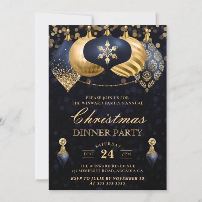 Elegant Navy & Gold Baubles Christmas Dinner Invitation (Front)