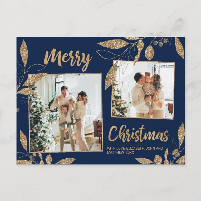 Elegant Navy Gold Botanical 2 Photo Christmas Postcard (Front)