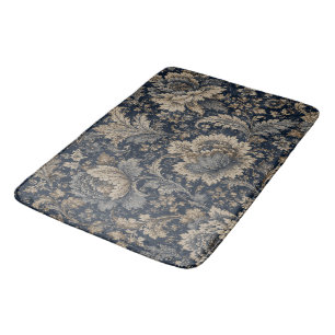 Elegant Navy Gold Botanical Textile Pattern Bath Mat