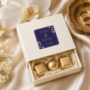 Elegant Navy Gold Botanical Wedding Couple Names Square Sticker