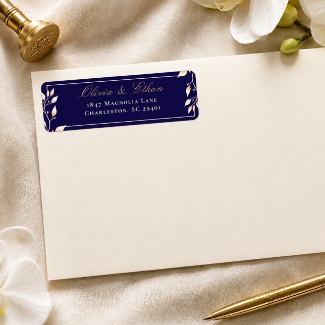 Elegant Navy Gold Botanical Wedding Return Address (Creator Uploaded)