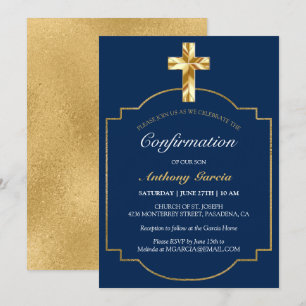 Elegant Navy Gold Boys Confirmation Invitation