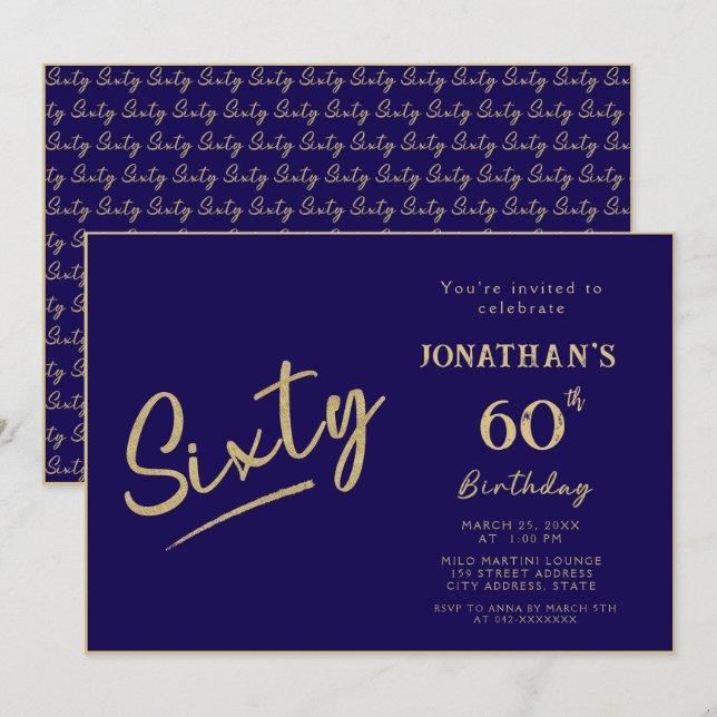 Elegant Navy Gold Brush Script 60th Birthday Invitation (Front/Back)