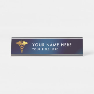 Elegant Navy Gold Caduceus Medical Doctor Desk Name Plate