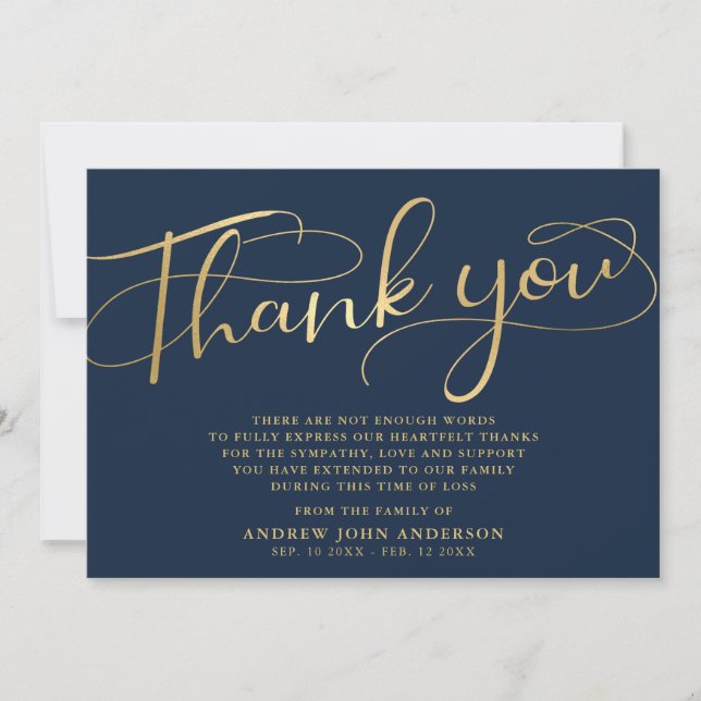 Elegant Navy & Gold Calligraphy Funeral  Thank You Card (Front)