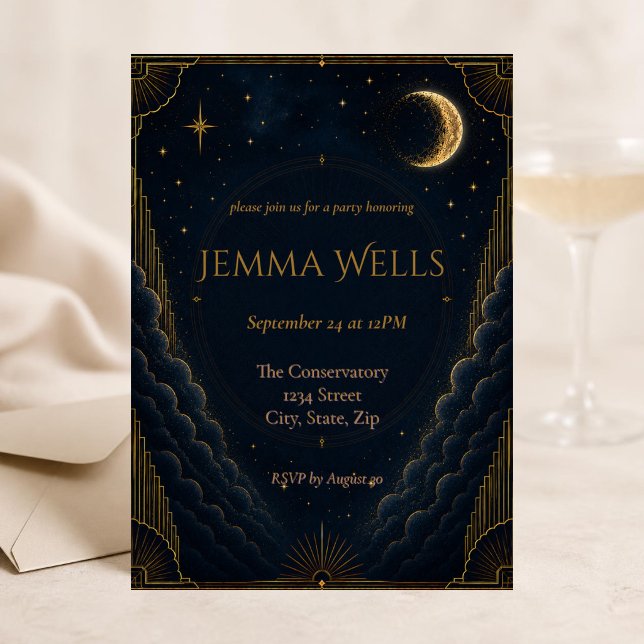 Elegant Navy Gold Celestial Birthday Invitation (Elegant navy and gold celestial birthday invitation with a glowing crescent moon and starry night.)