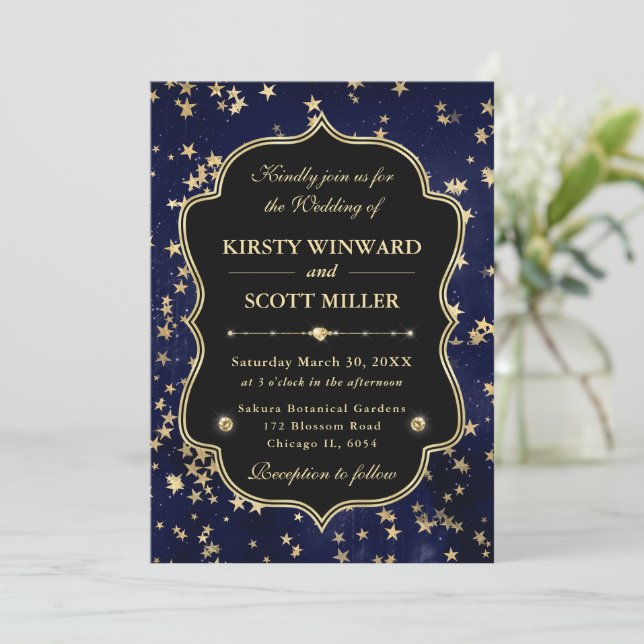 Elegant Navy & Gold Celestial Starry Wedding Invitation (Standing Front)