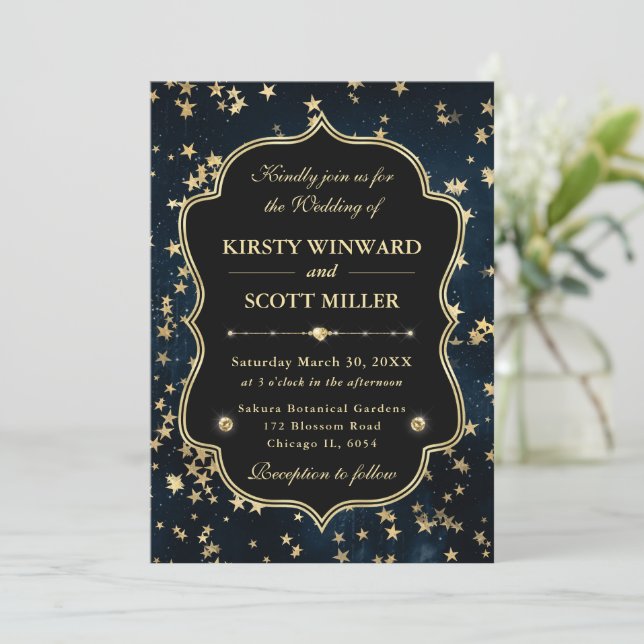 Elegant Navy & Gold Celestial Starry Wedding Invitation (Standing Front)