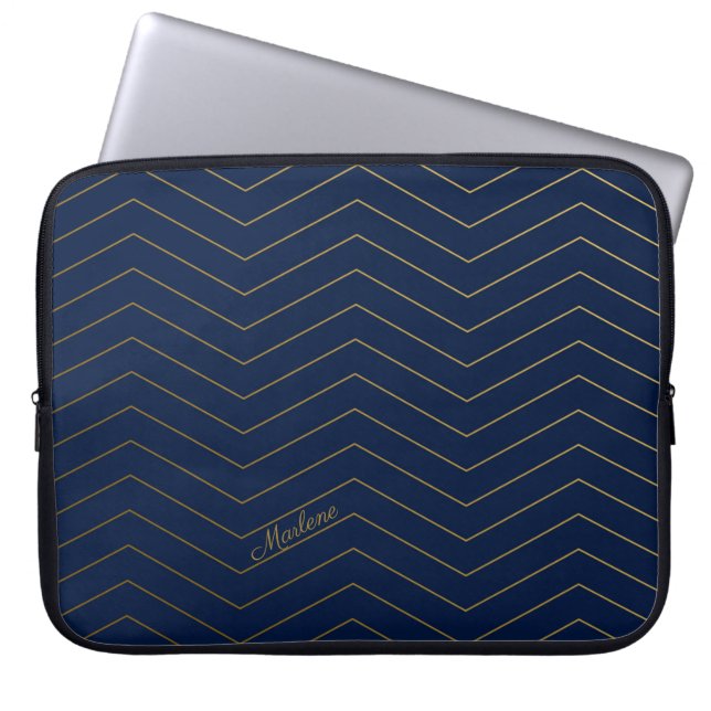 Elegant Navy-Gold Chevron Pattern with Custom Name Laptop Sleeve (Front)