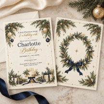 Elegant Navy Gold Christmas Birthday Invitation