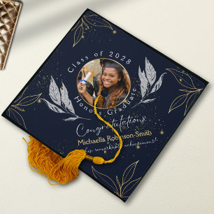 Elegant Navy Gold Congratulations  Graduation Cap Topper