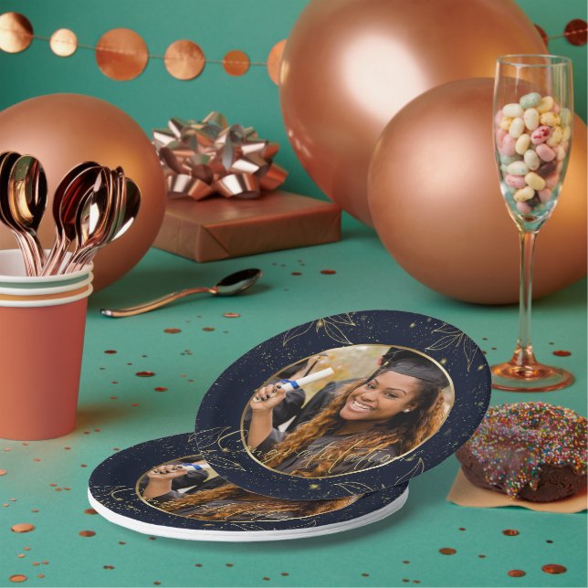 Elegant Navy Gold Congratulations Graduation Party Paper Plate (Multi)