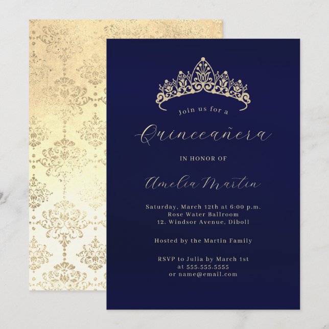 Elegant Navy Gold Damask Tiara Quinceanera  Invitation (Front/Back)