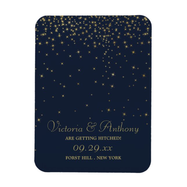 Elegant Navy & Gold Falling Stars Save The Date Magnet (Vertical)