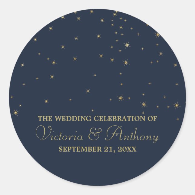 Elegant Navy & Gold Falling Stars Wedding Favour Classic Round Sticker (Front)