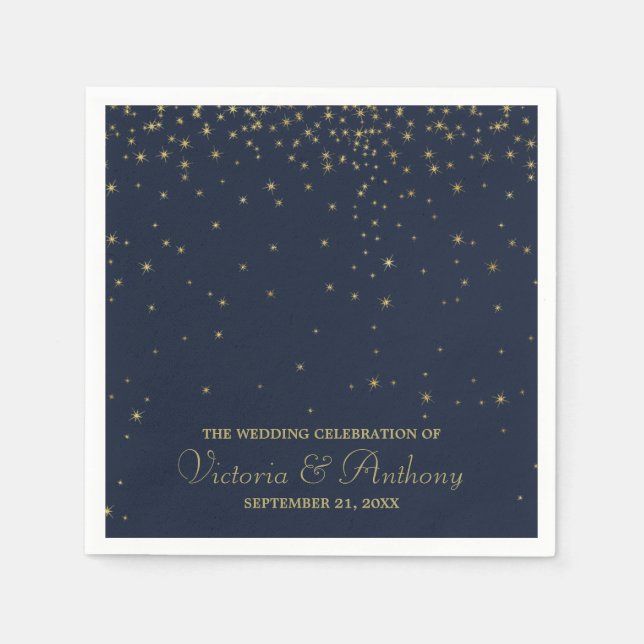 Elegant Navy & Gold Falling Stars Wedding Napkin (Front)